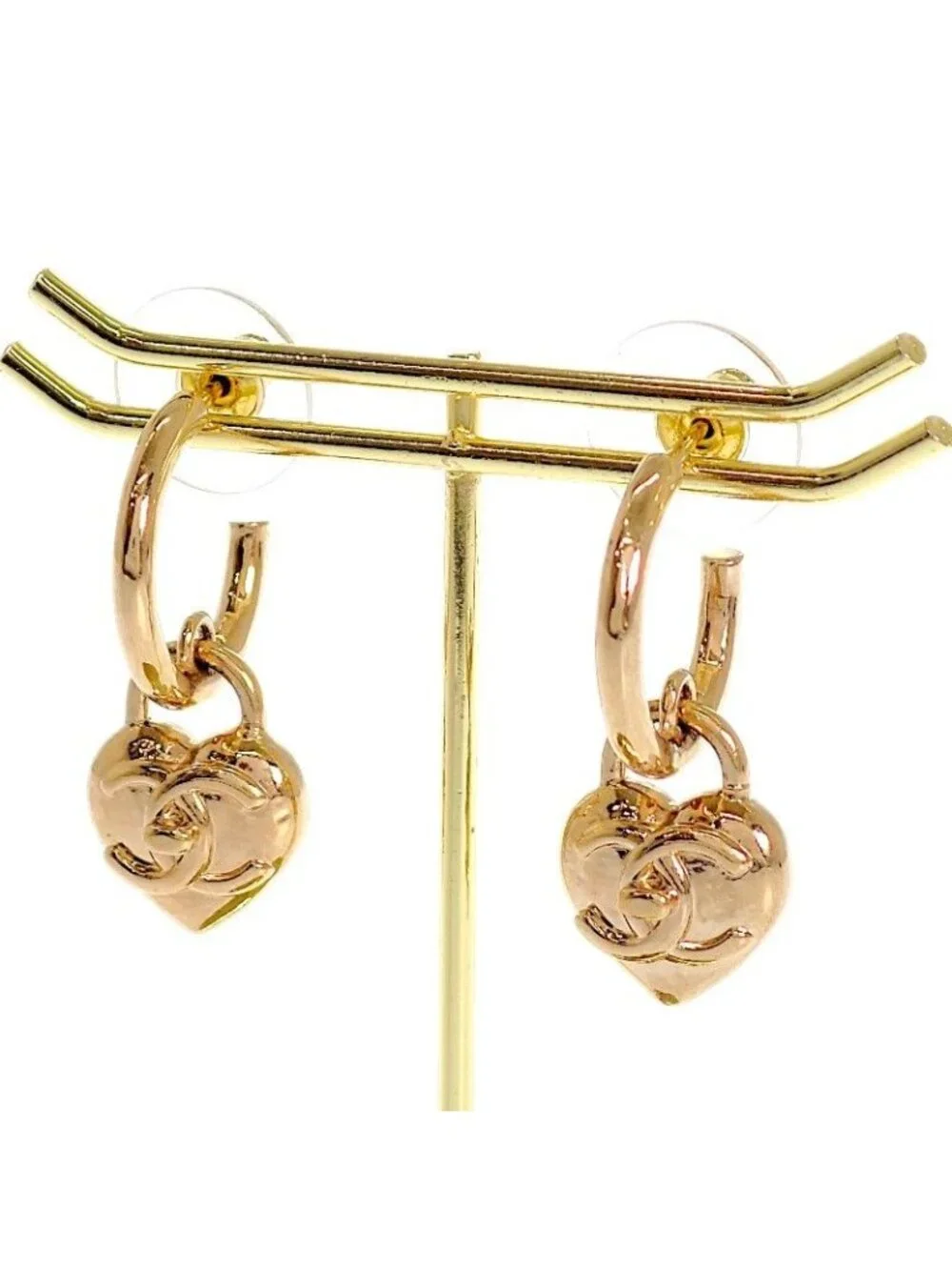 Chanel CC Logo Heart Hoop Earrings Included Metal Gold